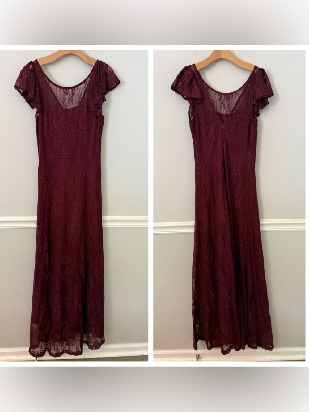 Amazon Bery Love wine color lace flutter short sleeves maxi dress. M